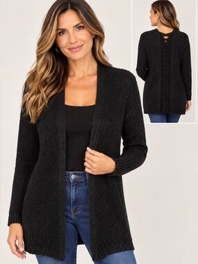Planet Gold Black Open-Front Women’s Sweater Cardigan with Lace-Up Back Y2K